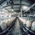 Milk bottles on automatic travel or conveyor belt in pasteurized cow milk factory, AI Generated, Generative AI