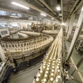 Milk bottles on automatic travel or conveyor belt in pasteurized cow milk factory, AI Generated, Generative AI