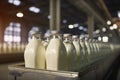 Milk bottles on a conveyor belt in a modern dairy factory Royalty Free Stock Photo