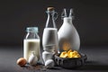 milk in bottles of eggs and dairy product on dark gray background