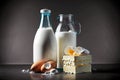 milk in bottles of eggs and dairy product on dark gray background