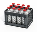 Milk bottles inside plastic crate. 3D illustration