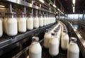 Milk bottles moving along a conveyor belt. Generative AI