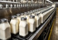 Milk bottles moving along a conveyor belt. Generative AI