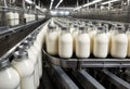 Milk bottles moving along a conveyor belt. Generative AI