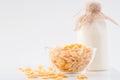 Milk and bowlful of corn flakes on white surface