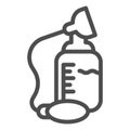 Milk breast suction pump line icon. Breast sucker and feeding bottle for baby outline style pictogram on white
