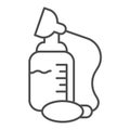 Milk breast suction pump thin line icon. Breast sucker and feeding bottle for baby outline style pictogram on white