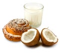 Milk, buns and coconut Royalty Free Stock Photo