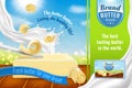 Milk butter ad. Realistic food advertising banner. Spread margarine on bread with knife. Cream liquid splash. Dairy