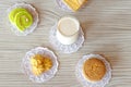 Milk Butter Bread Cake Roll Cookie and Cupcake on White Wooden Table Royalty Free Stock Photo