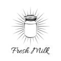 Milk can in beams. Milk jug. Milk bottle. Dairy Farm. Vector illustration. Royalty Free Stock Photo