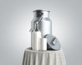 Milk can container near the bottle and glass of milk on table 3d render on grey gradient