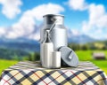 Milk can container near the bottle and glass of milk on table 3d render on nature background