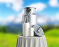 Milk can container near the bottle and glass of milk on table 3d render on nature background