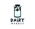 Milk can with milk and flowers, logo design. Dairy, food, cow farm and rancho, vector design Royalty Free Stock Photo