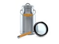 Milk can with magnifying glass Royalty Free Stock Photo