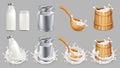 Milk can and splash. Natural dairy products. 3d vector icon set Royalty Free Stock Photo