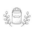 Milk can with two branches of plant. Organic dairy products emblem. Thin line art icon. Black hand drawn illustration for eco farm Royalty Free Stock Photo