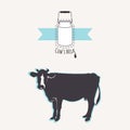 Milk cans with blue ribbon. Cow silhouette.