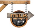 Milk Cans - Wooden Sign with Arrow and Chain Royalty Free Stock Photo