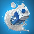 Milk carton box or packaging of milk and splash of milk on blue background Royalty Free Stock Photo