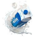 Milk carton box or packaging of tetra pack and splash of milk isolated on white Royalty Free Stock Photo