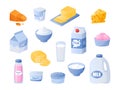 Milk. Cartoon dairy products. Yogurt and cream bottles. Cheese or butter pieces. Milky meal collection. Isolated curd