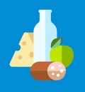 Milk, cheese, apple fruit and sausage, food concept, dairy products, ingredient icons, isolated, vector illustration on Royalty Free Stock Photo