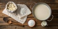 Milk and cheese preparation on rustic wooden table with fresh ingredients and kitchen tools at morning time Royalty Free Stock Photo