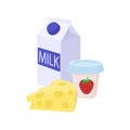 Milk, cheese and yogurt icon, cartoon style