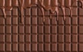 Milk chocolate bar background. Melted chocolate dripping. Pastry ingredient