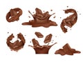 Milk chocolate bar, choco splash. Dark cocoa pieces in motion, cake logo 3d isolated elements, hot melt or shake liquid Royalty Free Stock Photo