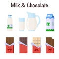 Milk and Chocolate Bars Icons Set. Flat Style. Collection of Candies in Opened Wrapper and Foil and Dairy products in Royalty Free Stock Photo