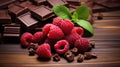 Milk chocolate bars, ripe red raspberry, mint leaves on wooden surface, close-up, dark key.