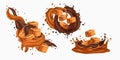 Milk chocolate, caramel splash, swirl liquid. Butter drip and candy in cream wave, sweet melting drink flow, brown Royalty Free Stock Photo