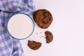Glass of milk and chocolate chip cookies on a white background. Copy space. Flat lay. Royalty Free Stock Photo