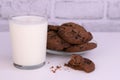 Glass of milk and chocolate chip cookies on a white background. Royalty Free Stock Photo