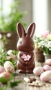 Milk Chocolate Easter Bunny with a Pink Sugar Flower Detail on a Rustic Table With Speckled Eggs Royalty Free Stock Photo