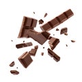 Milk chocolate explosion, pieces shattering on background Royalty Free Stock Photo