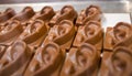 Milk chocolate human ears on the shop window. Chocolate figures Royalty Free Stock Photo