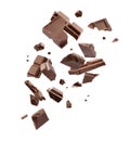 Milk chocolate pieces falling on background Royalty Free Stock Photo