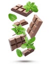 Milk chocolate pieces and mint falling on white background Royalty Free Stock Photo