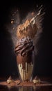 Milk chocolate shake on a dark background. A large amount of dark chocolate poured over frothed cream. An explosion of flavors.