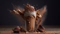 Milk chocolate shake on a dark background. A large amount of dark chocolate poured over frothed cream. An explosion of flavors.