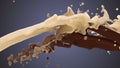 Milk and chocolate splash on blue background. White and dark liquid collision