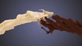 Milk and chocolate splash on blue background. White and dark liquid collision Royalty Free Stock Photo