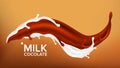 Milk Chocolate Splash Vector. Milky Food Swirl, Drop. White, Brown Milkshake. Drink Dessert. 3D Realistic Illustration Royalty Free Stock Photo