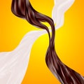 Milk and chocolate splashes cross over. Pure two sweet liquid flow and twist in the air. vector 3d illustration isolated Royalty Free Stock Photo