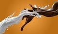 Milk and chocolate splashes dynamic flow mixed on yellow background vector Royalty Free Stock Photo